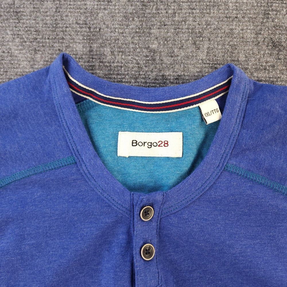 Borgo 28 Shirt 2XL Crew‎ Neck Button Short Sleeve Blue Solid Cotton Stretch - Picture 2 of 8